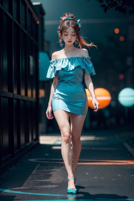 woman, very short flower dress, colorful, darl background,blue theme,exposure blend , bokeh, (hdr:1.4), high contrast, (cinematic, teal and orange:0.85), (muted colors, dim colors, soothing tones:1.3), low saturation,motiontrail,gigantic_breasts,full_body, high_ponytail,off_shoulders