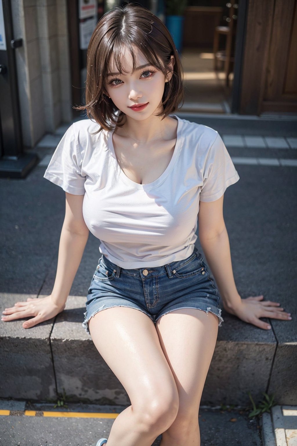 In Seoul, black stilettos , fullbody:1.2, jean shorts pants:10 , legs apart:1.6,
 ((natta、Realistic light、top-quality、8K、​masterpiece:1.3)),1girl in,Slim Beauty:1.2, braless:2.0, nipples visible:2.4 , abdominals:1.1,Blond straight haired,(White tight t-shirt: 1.3),beauty legs,Super fine face,A detailed eye,cheerful,seductive smile,mikana_yamamoto,jeongyeon, cleavage,gigantic_breasts,