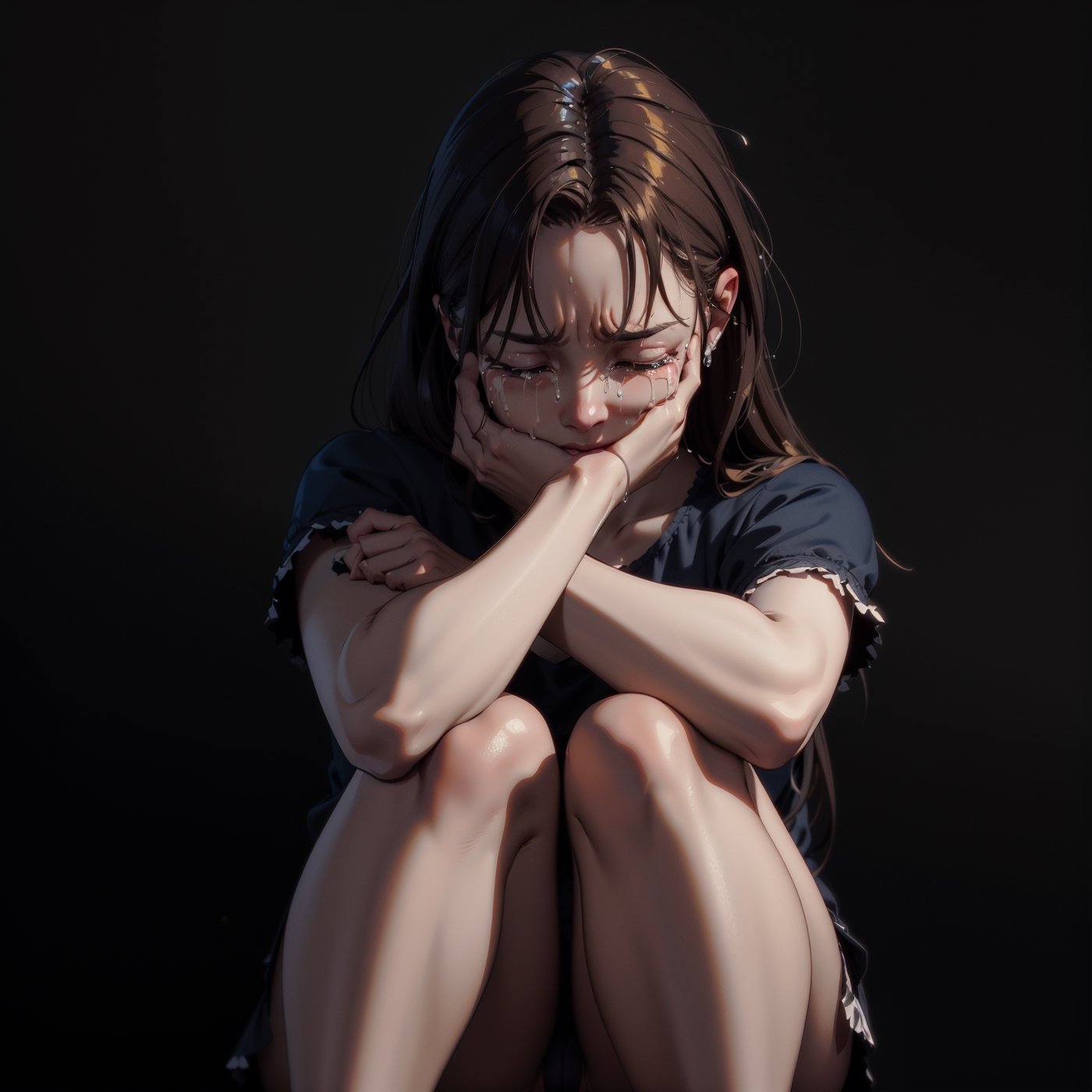 picture of a (crying girl), (above perspective), extremely sad expression, cold, crying out loud, extrme pain, knees up, knees embrace, self embrace, sad atmosphere, dark colors, dimmed light, closed eyes, subtle small tears, long hair, golden light brown hair, brown hazel eyes, blurry dark background, (darkness),  (above perspective), highly detailed, 4k, 8k, HD, crispy, smooth, masterpiece, digital art, beautiful, sad