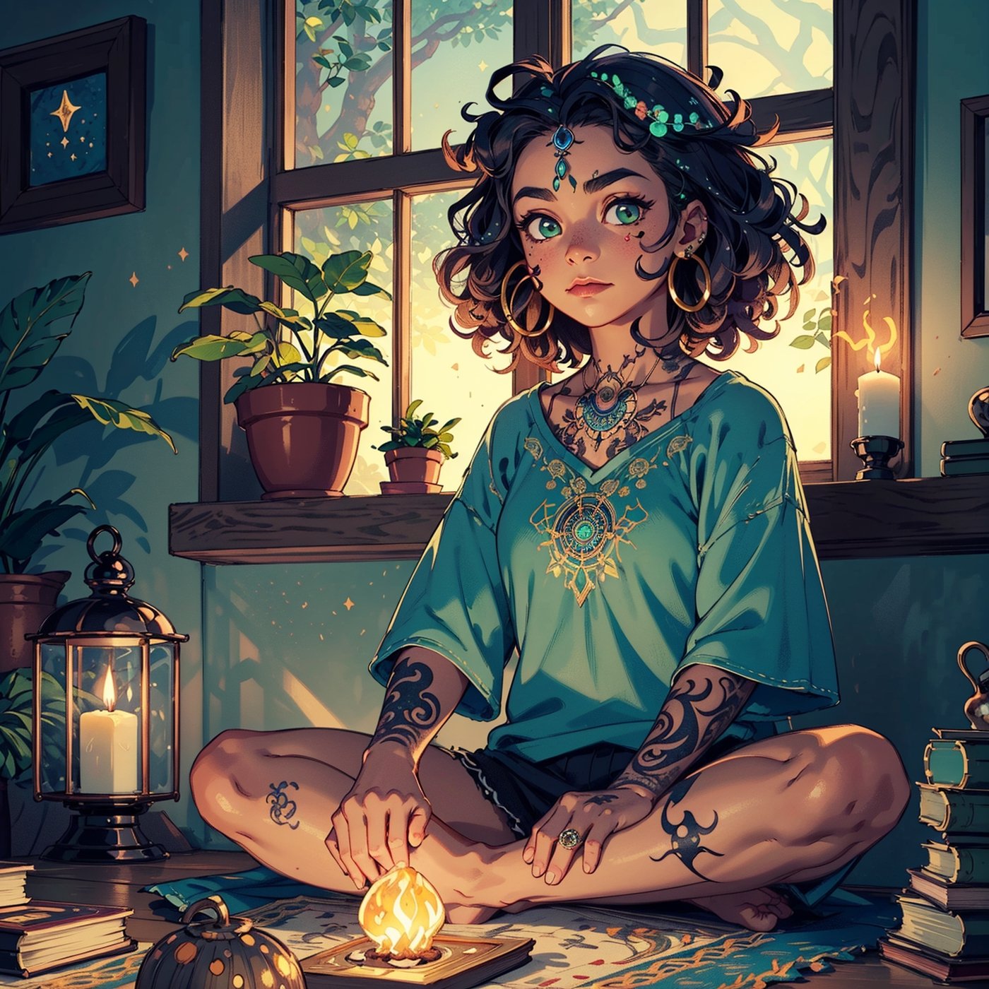 picture of a (girl sitting on the floor), (above perspective), rug, with hazel green eyes, relaxed body, with brow piercing, with mystic tattoos, ethnic jewerly, with curly hair, parchment with mystic symbols, sun catcher, dream catcher, casual room, window with dark green forest, plants, glowing himalayan salt lamp, calm expression, mysterious, ceramic clay cup, 1cute mushroom decor, casual gothic attire, candles, golden, open old book, (darkness),  (above perspective), highly detailed, 4k, 8k, HD, crispy, smooth, masterpiece, digital art, beautiful,