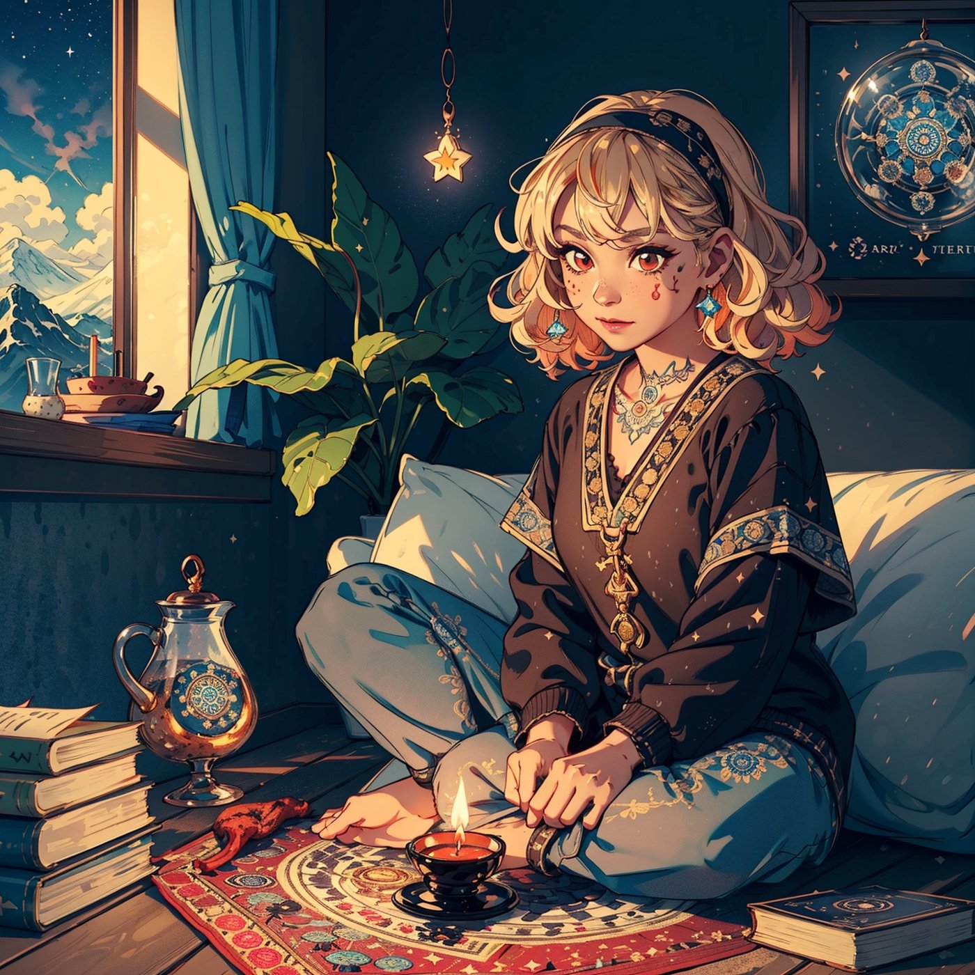 picture of a (girl sitting on the floor), 1dog, (above perspective), rug, with brown eyes, with mystic tattoos, with hair band, ethnic jewerly, deck of cards, with curly hair, parchment with mystic symbols, doe eyes, mountain bohemian room, sun catcher, casual room, black mandalas, window with dark forest clouds and rain, plants, himalayan salt lamp, hot cup of tea, calm expression, warm colors, warm tones, mysterious, ceramic mug, 1cute mushroom decor, casual gothic attire, candles, golden open old book, (darkness),  (above perspective), highly detailed, 4k, 8k, HD, crispy, smooth, masterpiece, digital art, beautiful,starry,glitter,BJ_Oil_painting,glass