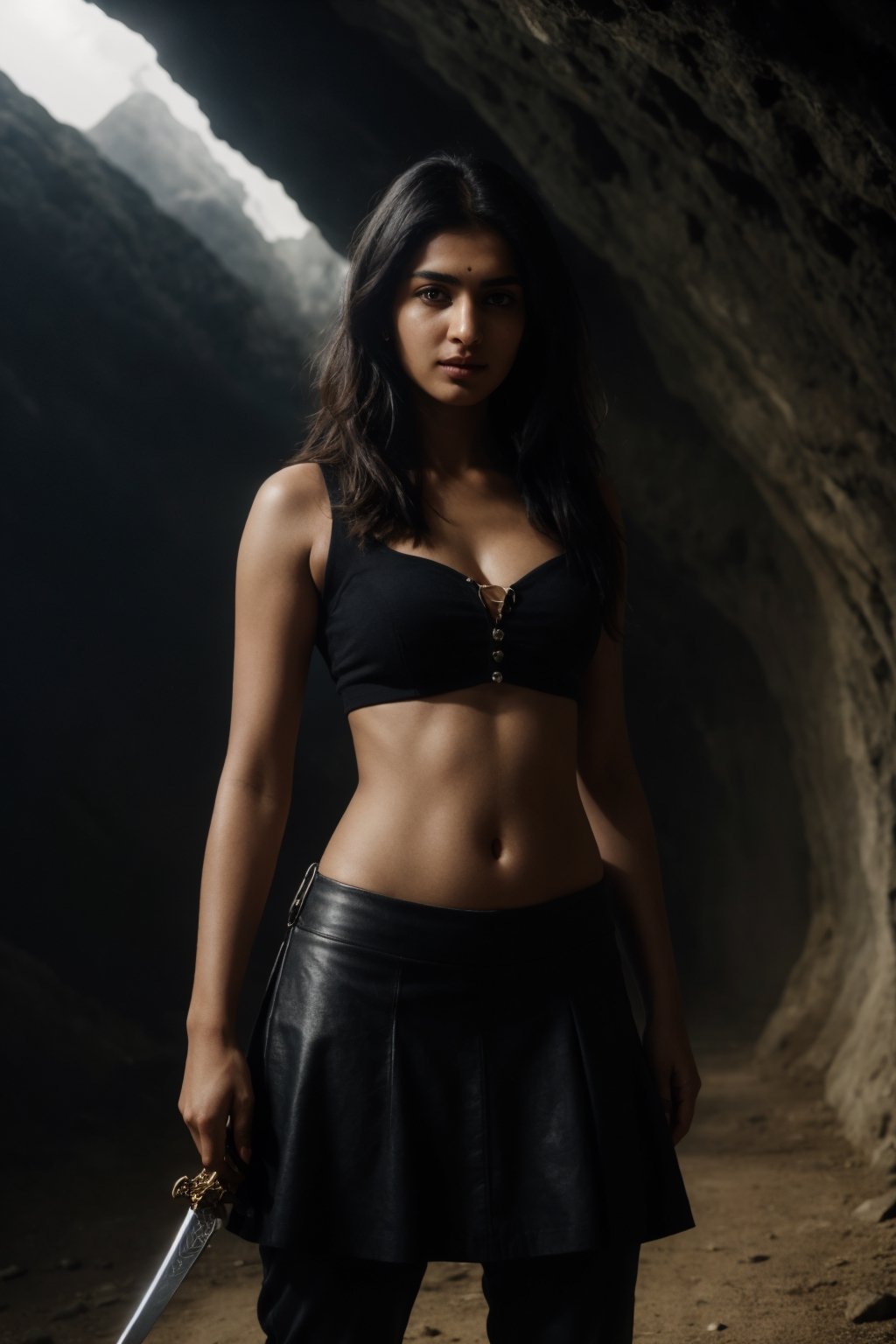 a_beautifull_indian girl,black heir,sword in the right hand,worrior look,worrior skirt,worrior outfit,leather thight pant,cleavage,opend heir,in the dark cave,front-view,looking_at_viewer,holding sword upwords,blue lighting ,dark background,beauty,beautifull navel , wearing whight 