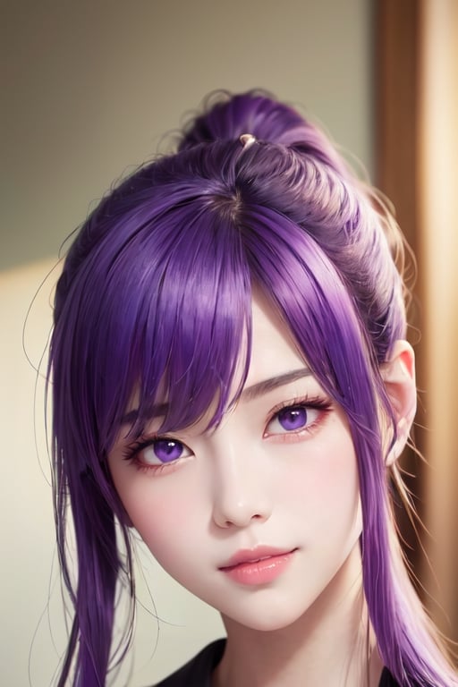 masterpiece, best quality, Busujima Saeko, high definition, solo, (purple eyes:1.3), (purple hair:1.1), (Simply Straight Pony Hair:1.2), (elegant, feminine, sophisticated), (beautiful girl), gorgeous face, gorgeous eyes, detailed face, detailed hands, smile, photorealistic, (asian face:1.2), 