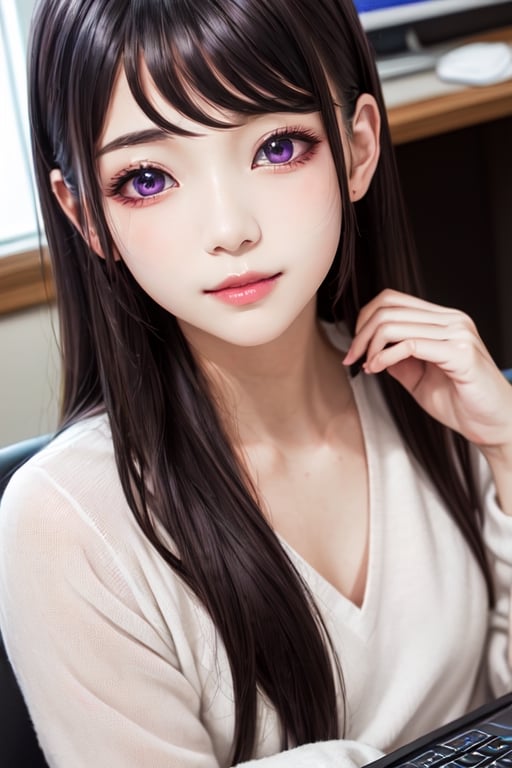 masterpiece, best quality, high definition, 
Kaori Houjou, solo, (purple eyes:1.1), (black hair:1.2), long hair, (home clothes, sitting at the computer:1.2), (elegant, feminine, sophisticated), (cute girl), gorgeous face, gorgeous eyes, detailed face, detailed hands, smile, photorealistic, (asian face:1.2), 