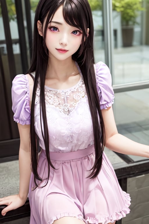 masterpiece, best quality, high definition, 
Kaori Houjou, solo, (purple eyes:1.1), (black hair:1.2), long hair, pink fluffy blouse with ruffles and flounces, (pink knee-length skirt with flounces), (elegant, feminine, sophisticated), (cute girl), gorgeous face, gorgeous eyes, detailed face, detailed hands, smile, photorealistic, (asian face:1.2)