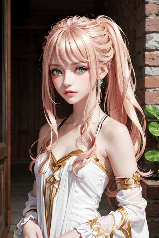 Lexia Von Alceria, Lexia Vaughn Arcelia, long hair, Blonde hair, (green eyes:1.5), ponytail, sweet smile,
noble atmosphere, Aristocratic dress, dress, bare shoulders, cut off sleeves, White dress, 
looking at viewer, Whole body, 
(masterpiece:1.2), Best quality, a high resolution, unity 8k wallpaper, (illustration:0.8), (Beautiful detailed eyes:1.6), very detailed face, 