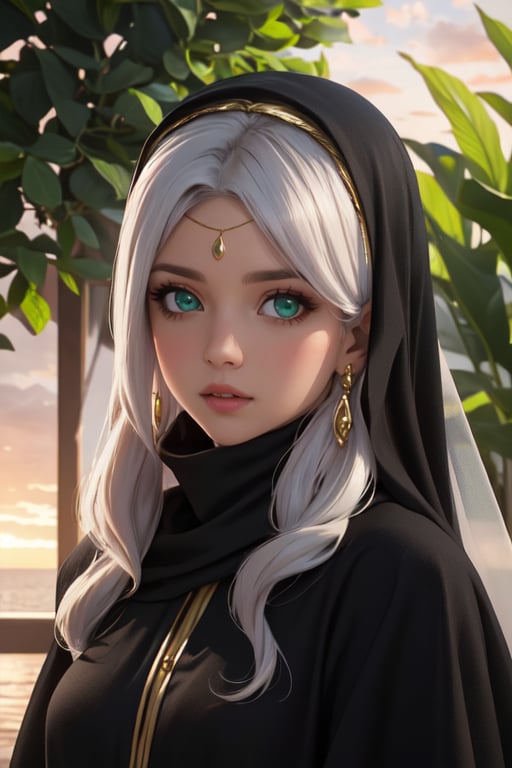  4K UHD, upscaled professional photo, stunningly beautiful woman, A (best quality,4k,8k,highres,masterpiece:1.2),ultra-detailed,highly detailed facial features,extremely detailed eyes and face, longeyelashes, beautiful detailed eyes,beautiful detailed lips,1girl,fantasy,cute,whimsical,soft lighting,pastel colors,warm color palette
 solo_female, ear_rings, tall_girl, tall_female, big_breasts, gold jewelry, ayse_khadim, long arabian clothes, black_robe, veil, green eyes, circlet, park, sunset, standing, nature , masterpiece, best quality, white hair