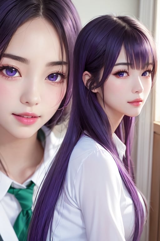 masterpiece, best quality, Busujima Saeko, high definition, solo, (purple eyes:1.3), (purple hair:1.1), (Simply Straight Pony Hair:1.2), (elegant, feminine, sophisticated), (beautiful girl), gorgeous face, gorgeous eyes, detailed face, detailed hands, smile, photorealistic, (asian face:1.2), school uniform, white-green shirt, green knee-length skirt