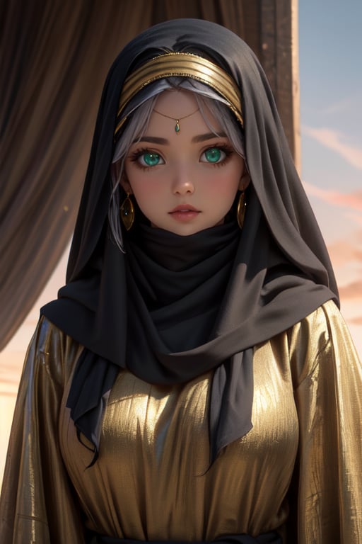  4K UHD, upscaled professional photo, stunningly beautiful woman, A (best quality,4k,8k,highres,masterpiece:1.2),ultra-detailed,highly detailed facial features,extremely detailed eyes and face, longeyelashes, beautiful detailed eyes,beautiful detailed lips,1girl,fantasy,cute,whimsical,soft lighting,pastel colors,warm color palette
 solo_female, ear_rings, tall_girl, tall_female, big_breasts, gold jewelry, ayse_khadim, long arabian clothes, black_robe, veil, green eyes, circlet, park, sunset, standing, nature , masterpiece, best quality, white hair