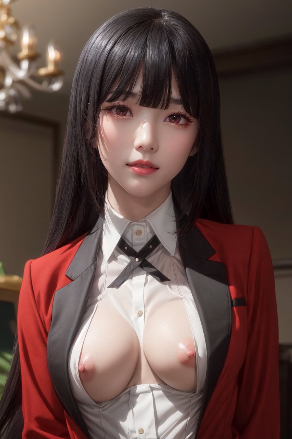 full body shot,  (masterpiece,  best quality),  (finely detailed beautiful eyes: 1.2),  (extremely detailed CG unity 8k wallpaper,  masterpiece,  ultra-detailed,  best shadow),  (detailed background),  (beautiful detailed face,  beautiful detailed eyes),  High contrast,  (best illumination,  an extremely delicate and beautiful),  dynamic angle,  beautiful detailed glow,  official art,  ultra detailed,  beautiful and aesthetic,  masterpiece,  best quality,  realistic,  nsfw, pikkyyumeko, 1girl, solo, looking at viewer, black hair, bangs, blunt bangs, long hair, very long hair, hime cut, red eyes, glowing eyes, breasts, large breasts, school uniform, shirt, red jacket, jacket, white shirt, collared shirt, lips, blazer, (smile:1.3)