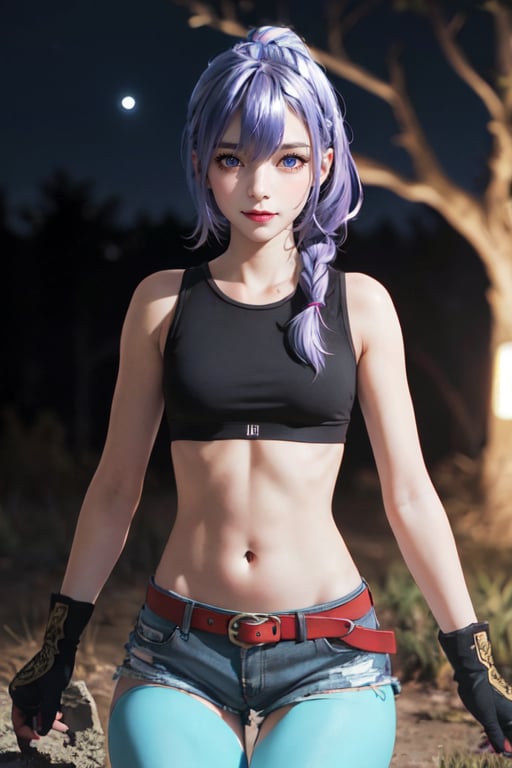 outdoors, night, forrest,1girl, Luna, medium breasts, looking at the viewer, blue eyes, purple hair, braid, black sports bra, thighhighs, belt, navel, short shorts, fingerless gloves (masterpiece:1.2), Best quality, a high resolution, unity 8k wallpaper, (illustration:0.8), (Beautiful detailed eyes:1.6), very detailed face, athletic figure, pronounced abs