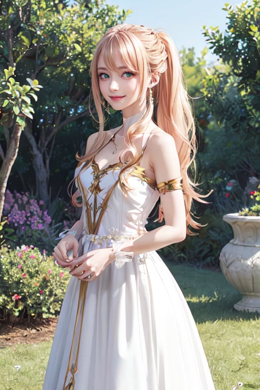 Lexia Von Alceria, long hair, Blonde hair, (green eyes:1.3), ponytail, sweet smile, medium breast, noble atmosphere, Aristocratic dress, dress, bare shoulders, cut off sleeves, White dress, looking at viewer, Whole body, (masterpiece:1.2), Best quality, a high resolution, unity 8k wallpaper, (illustration:0.8), (Beautiful detailed eyes:1.3)