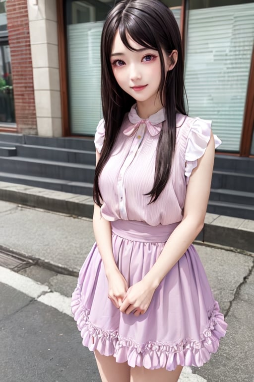 masterpiece, best quality, high definition, 
Kaori Houjou, solo, (purple eyes:1.1), (black hair:1.2), long hair, pink fluffy blouse with ruffles and flounces, (pink knee-length skirt with flounces), (elegant, feminine, sophisticated), (cute girl), gorgeous face, gorgeous eyes, detailed face, detailed hands, smile, photorealistic, (asian face:1.2)