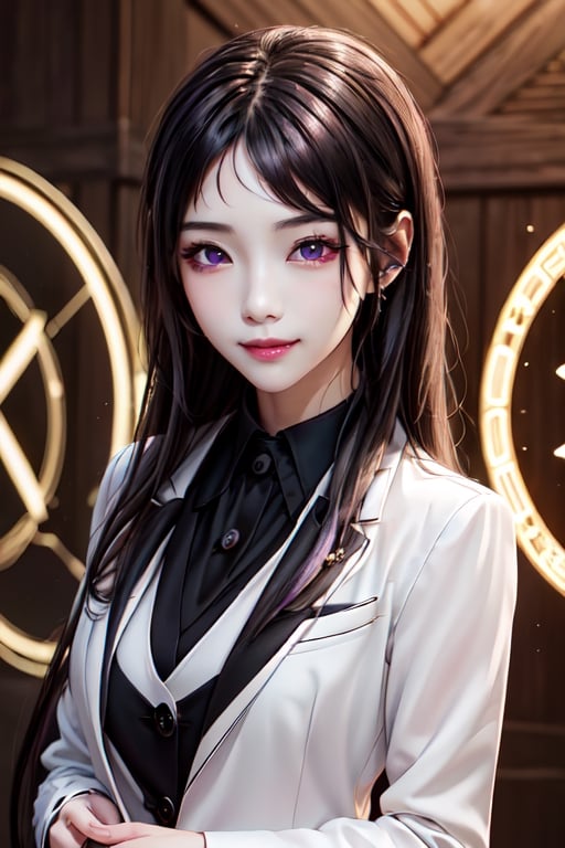 masterpiece, best quality, high definition, 
Kaori Houjou, solo, (purple eyes:1.1), (black hair:1.2), long hair, (business lady formal suit:1.2), (elegant, feminine, sophisticated), (cute girl), gorgeous face, gorgeous eyes, detailed face, detailed hands, smile, photorealistic, (asian face:1.2), ,Circle, (Magical Circle:1.2), sorceress