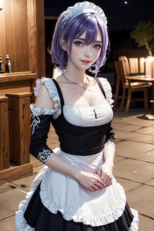 outdoors, night, forrest,1girl, Luna, medium breasts, looking at the viewer, blue eyes, purple hair, maid_costume, (masterpiece:1.2), Best quality, a high resolution, unity 8k wallpaper, (illustration:0.8), (Beautiful detailed eyes:1.6), very detailed face, athletic figure, maid