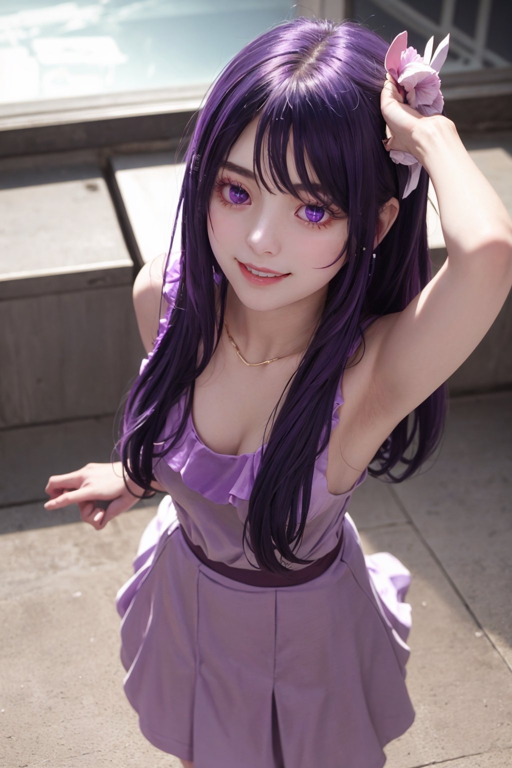 masterpiece, best quality, Hoshino Ai, (purple eyes:1.1), (purple hair:1.2), Hoshino Ai, long hair, smile, joy, music scene, dance, from above, looking at viewer, richly decorated outfit, hoshino ai,1girl