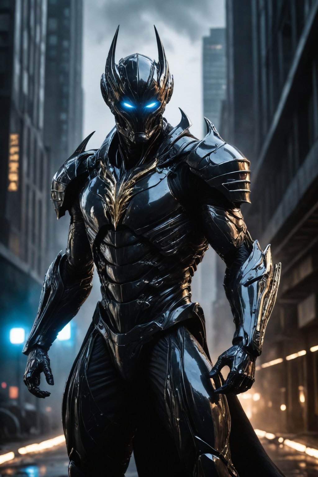 A futuristic super hero stands tall, full-body portrait in polished chrome armor with intricate gold and burgundy accents. Glowing blue eyes pierce through the darkness, illuminating a cityscape at dusk. Craig Mullins and H.R. Giger's character design brings forth a sense of otherworldly strength. Realistic digital painting captures every detail, from the armored suit to the subject's determined pose. Cinematic lighting highlights the hero's figure against a misty blue-gray sky, as if suspended in mid-air. A 4K resolution masterpiece, this portrait embodies the essence of futuristic super heroism, (boiling black wood material) 