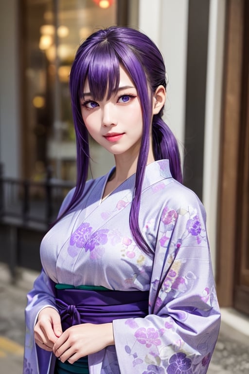 masterpiece, best quality, Busujima Saeko, high definition, solo, (purple eyes:1.3), (purple hair:1.1), (Simply Straight Pony Hair:1.2), (hime kimono1.2), (formal kimono:1.2), (tailored kimono and yukata), (elegant, feminine, sophisticated), (beautiful girl), gorgeous face, gorgeous eyes, detailed face, detailed hands, smile, photorealistic, (asian face:1.2), ,busujima_saeko