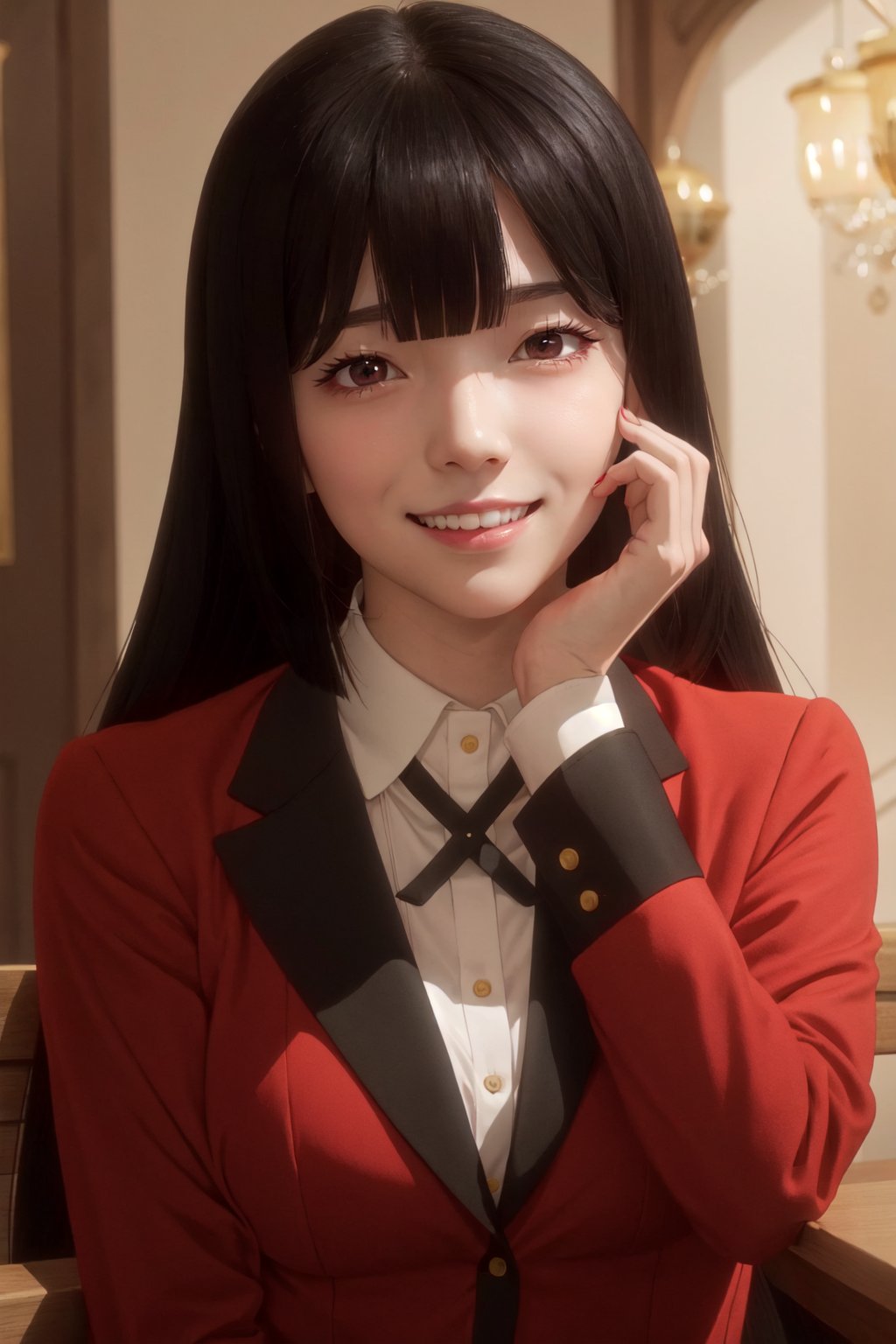 full body shot,  (masterpiece,  best quality),  (finely detailed beautiful eyes: 1.2),  (extremely detailed CG unity 8k wallpaper,  masterpiece,  ultra-detailed,  best shadow),  (detailed background),  (beautiful detailed face,  beautiful detailed eyes),  High contrast,  (best illumination,  an extremely delicate and beautiful),  dynamic angle,  beautiful detailed glow,  official art,  ultra detailed,  beautiful and aesthetic,  masterpiece,  best quality,  realistic,  nsfw, pikkyyumeko, 1girl, solo, looking at viewer, black hair, bangs, blunt bangs, long hair, very long hair, hime cut, red eyes, glowing eyes, breasts, large breasts, school uniform, shirt, red jacket, jacket, white shirt, collared shirt, lips, blazer, (smile:1.5), yandere trance, (hands on own cheeks), hands on own face