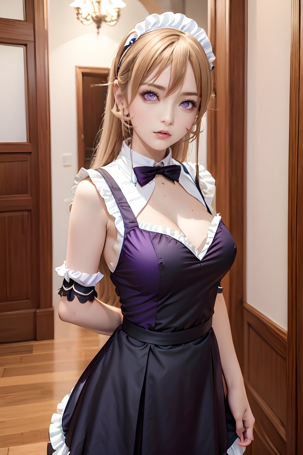 Nakiri Erina, tall body, tall, long legs, mature female, mature, adult, solo, long hair, breasts, looking at viewer, big breasts, upper body, hair between eyes, blond hair, buttons, (masterpiece:1.2), Best quality, a high resolution, unity 8k wallpaper, illustration, (Beautiful detailed purple eyes:1.3), shows a radiant smile, fascinating lighting game, (black maid costume:1.3)