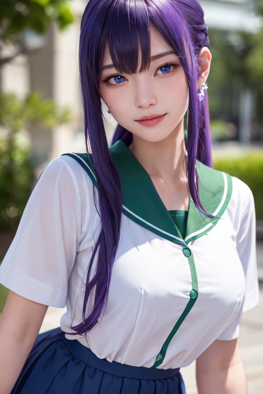 masterpiece, best quality, Busujima Saeko, high definition, solo, (blue eyes:1.3), (purple hair:1.1), (Simply Straight Pony Hair:1.2), (elegant, feminine, sophisticated), (beautiful girl), gorgeous face, gorgeous eyes, detailed face, detailed hands, smile, photorealistic, (asian face:1.2), (school uniform sailor suit, white-green shirt, green knee-length skirt)