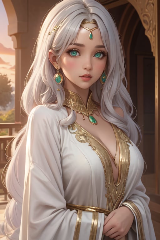  4K UHD, upscaled professional photo, stunningly beautiful woman, A (best quality,4k,8k,highres,masterpiece:1.2),ultra-detailed,highly detailed facial features,extremely detailed eyes and face, longeyelashes, beautiful detailed eyes,beautiful detailed lips,1girl,fantasy,cute,whimsical,soft lighting,pastel colors,warm color palette
 solo_female, ear_rings, tall_girl, tall_female, big_breasts, gold jewelry, ayse_khadim, long arabian clothes, green eyes, circlet, park, sunset, standing, nature , masterpiece, best quality, white hair