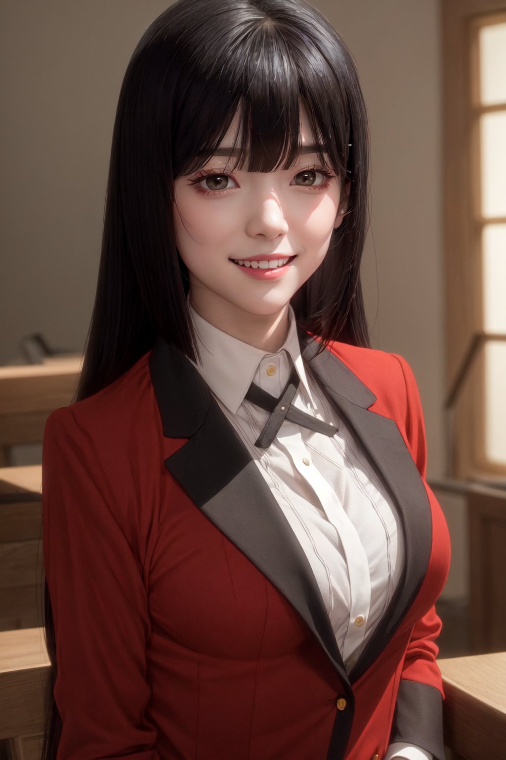 full body shot,  (masterpiece,  best quality),  (finely detailed beautiful eyes: 1.2),  (extremely detailed CG unity 8k wallpaper,  masterpiece,  ultra-detailed,  best shadow),  (detailed background),  (beautiful detailed face,  beautiful detailed eyes),  High contrast,  (best illumination,  an extremely delicate and beautiful),  dynamic angle,  beautiful detailed glow,  official art,  ultra detailed,  beautiful and aesthetic,  masterpiece,  best quality,  realistic,  nsfw, pikkyyumeko, 1girl, solo, looking at viewer, black hair, bangs, blunt bangs, long hair, very long hair, hime cut, red eyes, glowing eyes, breasts, large breasts, school uniform, shirt, red jacket, jacket, white shirt, collared shirt, lips, blazer, (smile:1.5)