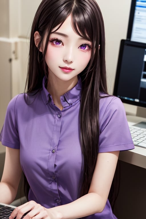 masterpiece, best quality, high definition, 
Kaori Houjou, solo, (purple eyes:1.1), (black hair:1.2), long hair, (home clothes, sitting at the computer:1.2), (elegant, feminine, sophisticated), (cute girl), gorgeous face, gorgeous eyes, detailed face, detailed hands, smile, photorealistic, (asian face:1.2), 