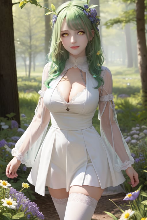 masterpiece, best quality, highres, hmcf, long hair, braided bangs, hair flower, (yellow eyes:1.3), large breasts, jewelry, dress, cleavage, wide sleeves, green flower, single thighhigh, white thighhighs, cowboy shot, standing, forest, smile, (violets flowers on the head) 