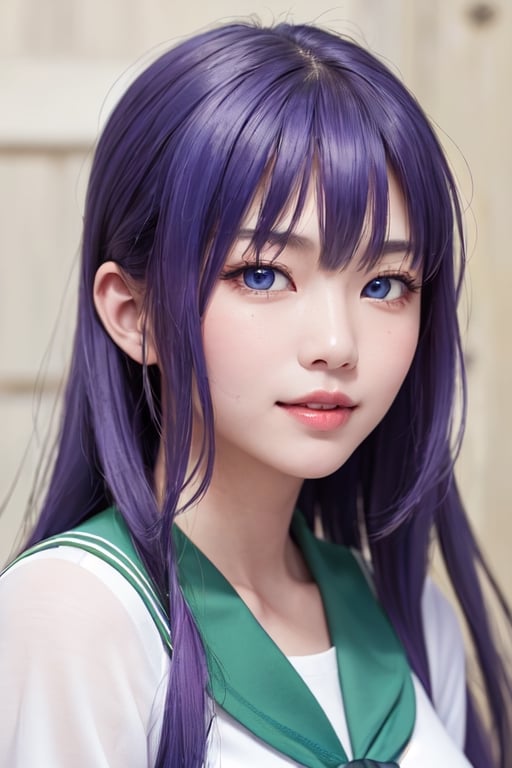 masterpiece, best quality, Busujima Saeko, high definition, solo, (blue eyes:1.3), (purple hair:1.1), (Simply Straight Pony Hair:1.2), (elegant, feminine, sophisticated), (beautiful girl), gorgeous face, gorgeous eyes, detailed face, detailed hands, smile, photorealistic, (asian face:1.2), (school uniform sailor suit, white-green shirt), ((green knee-length skirt))