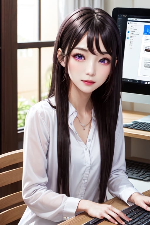 masterpiece, best quality, high definition, 
Kaori Houjou, solo, (purple eyes:1.1), (black hair:1.2), long hair, (home clothes, sitting at the computer:1.2), (elegant, feminine, sophisticated), (cute girl), gorgeous face, gorgeous eyes, detailed face, detailed hands, smile, photorealistic, (asian face:1.2), 