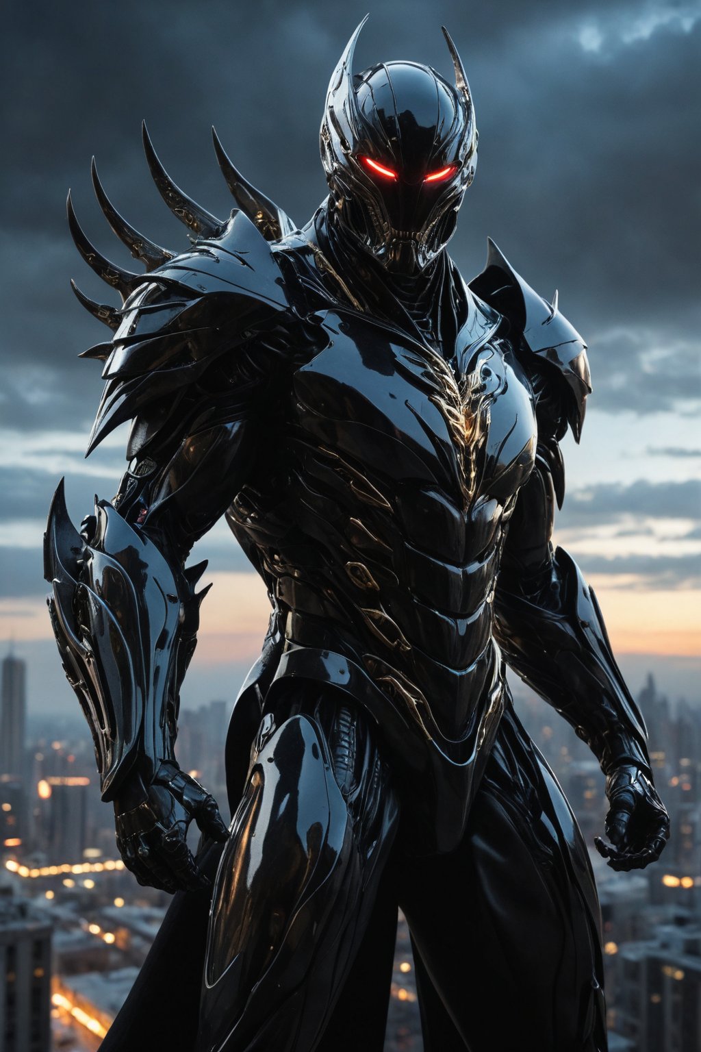 A futuristic super hero stands tall, full-body portrait in polished chrome armor with intricate gold and burgundy accents. Glowing blue eyes pierce through the darkness, illuminating a cityscape at dusk. Craig Mullins and H.R. Giger's character design brings forth a sense of otherworldly strength. Realistic digital painting captures every detail, from the armored suit to the subject's determined pose. Cinematic lighting highlights the hero's figure against a misty blue-gray sky, as if suspended in mid-air. A 4K resolution masterpiece, this portrait embodies the essence of futuristic super heroism, (boiling black wood material) 