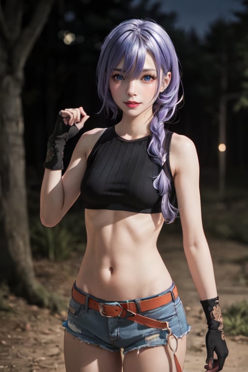 outdoors, night, forrest,1girl, Luna, medium breasts, looking at the viewer, blue eyes, purple hair, braid, black sports bra, thighhighs, belt, navel, short shorts, fingerless gloves (masterpiece:1.2), Best quality, a high resolution, unity 8k wallpaper, (illustration:0.8), (Beautiful detailed eyes:1.6), very detailed face, athletic figure, pronounced abs