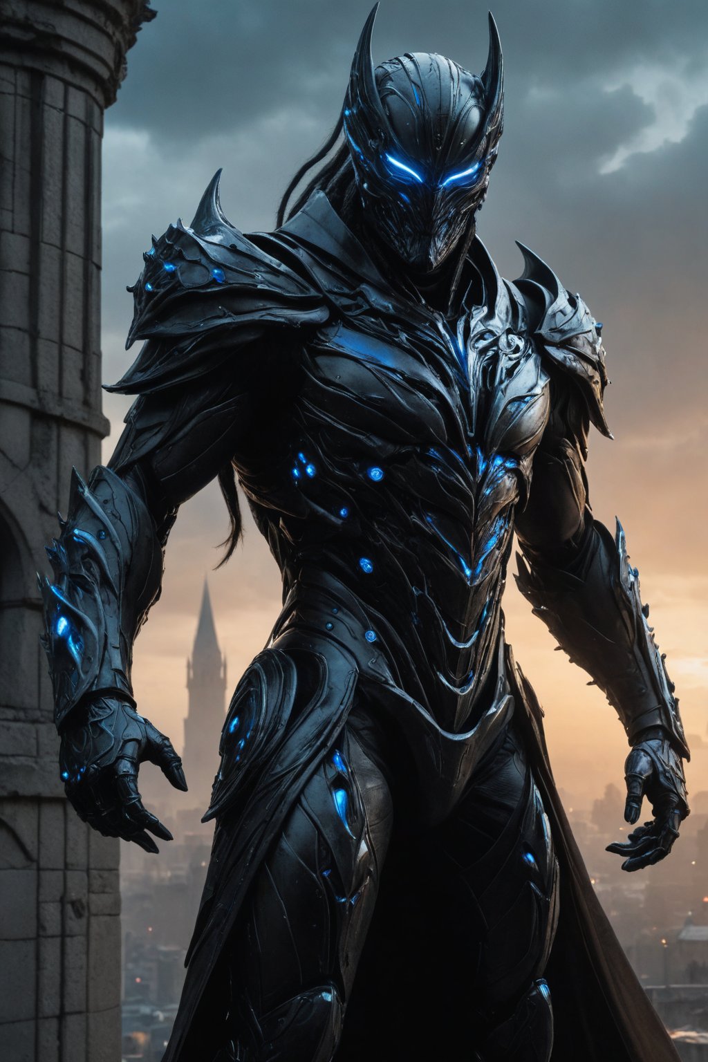 A futuristic super hero stands tall, face covered with a beautiful mask, full-body portrait in polished tree armor with intricate and black accents. Glowing blue eyes pierce through the darkness, illuminating a cityscape at dusk. Craig Mullins and H.R. Giger's character design brings forth a sense of otherworldly strength. Realistic digital painting captures every detail, from the armored suit to the subject's determined pose. Cinematic lighting highlights the hero's figure against a misty blue-gray sky against the backdrop of the fortress wall is a medieval city, as if suspended in mid-air. A 4K resolution masterpiece, this portrait embodies the essence of futuristic super heroism, (boiling black wood material)