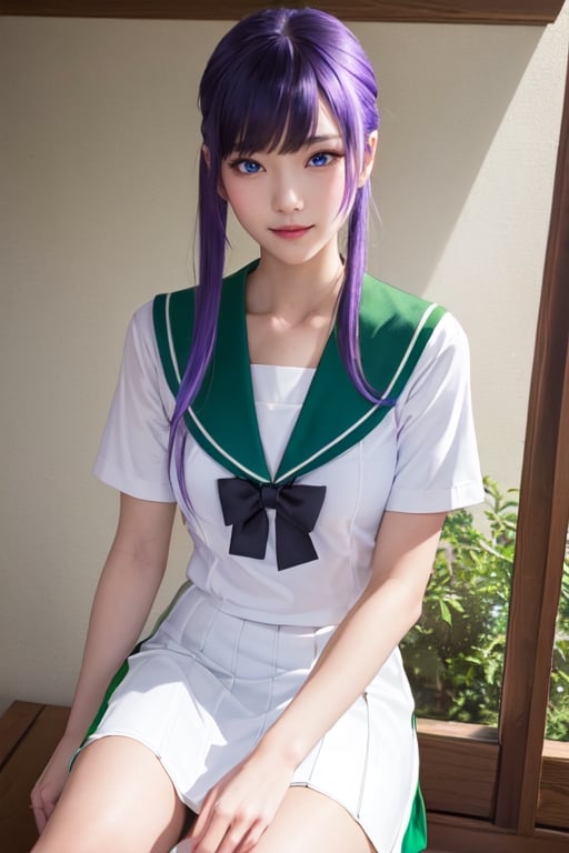 masterpiece, best quality, Busujima Saeko, high definition, solo, (blue eyes:1.3), (purple hair:1.1), (Simply Straight Pony Hair:1.2), (elegant, feminine, sophisticated), (beautiful girl), gorgeous face, gorgeous eyes, detailed face, detailed hands, smile, photorealistic, (asian face:1.2), (school uniform sailor suit, white-green shirt), ((green knee-length skirt))