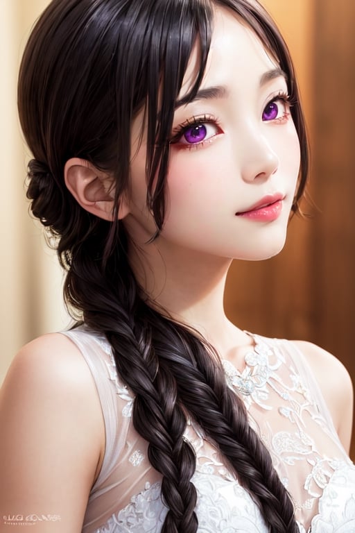 masterpiece, best quality, high definition, 
Kaori Houjou, solo, (purple eyes:1.1), (black hair:1.2), long hair, (Wedding Dress), (sophisticated braided hairstyle), (elegant, feminine, sophisticated), (cute girl), gorgeous face, gorgeous eyes, detailed face, detailed hands, smile, photorealistic, (asian face:1.2)