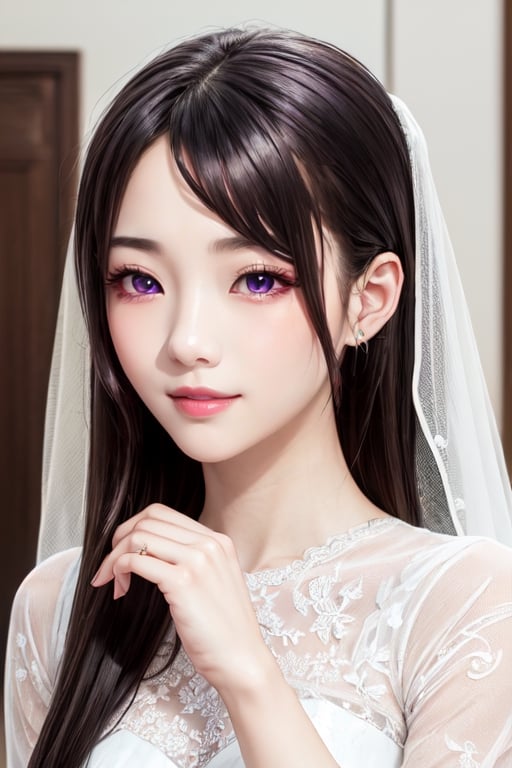 masterpiece, best quality, high definition, 
Kaori Houjou, solo, (purple eyes:1.1), (black hair:1.2), long hair, (Wedding Dress), (Greek style hairstyle:1.2), (elegant, feminine, sophisticated), (cute girl), gorgeous face, gorgeous eyes, detailed face, detailed hands, smile, photorealistic, (asian face:1.2),su hair