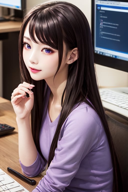 masterpiece, best quality, high definition, 
Kaori Houjou, solo, (purple eyes:1.1), (black hair:1.2), long hair, (home clothes, sitting at the computer:1.2), (elegant, feminine, sophisticated), (cute girl), gorgeous face, gorgeous eyes, detailed face, detailed hands, smile, photorealistic, (asian face:1.2), 