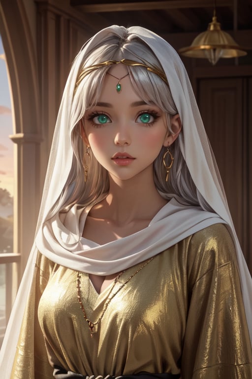  4K UHD, upscaled professional photo, stunningly beautiful woman, A (best quality,4k,8k,highres,masterpiece:1.2),ultra-detailed,highly detailed facial features,extremely detailed eyes and face, longeyelashes, beautiful detailed eyes,beautiful detailed lips,1girl,fantasy,cute,whimsical,soft lighting,pastel colors,warm color palette
 solo_female, ear_rings, tall_girl, tall_female, big_breasts, gold jewelry, ayse_khadim, long arabian clothes, black_robe, veil, green eyes, circlet, park, sunset, standing, nature , masterpiece, best quality, white hair, tanned skin,Detailedface