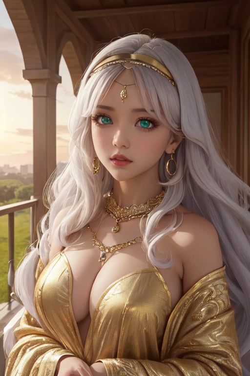  4K UHD, upscaled professional photo, stunningly beautiful woman, A (best quality,4k,8k,highres,masterpiece:1.2),ultra-detailed,highly detailed facial features,extremely detailed eyes and face, longeyelashes, beautiful detailed eyes,beautiful detailed lips,1girl,fantasy,cute,whimsical,soft lighting,pastel colors,warm color palette
 solo_female, ear_rings, tall_girl, tall_female, big_breasts, much gold, ayse_khadim, long arabian clothes, green eyes, circlet, park, sunset, standing, nature , masterpiece, best quality, white hair