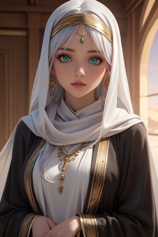  4K UHD, upscaled professional photo, stunningly beautiful woman, A (best quality,4k,8k,highres,masterpiece:1.2),ultra-detailed,highly detailed facial features,extremely detailed eyes and face, longeyelashes, beautiful detailed eyes,beautiful detailed lips,1girl,fantasy,cute,whimsical,soft lighting,pastel colors,warm color palette
 solo_female, ear_rings, tall_girl, tall_female, big_breasts, gold jewelry, ayse_khadim, long arabian clothes, black_robe, veil, green eyes, circlet, park, sunset, standing, nature , masterpiece, best quality, white hair