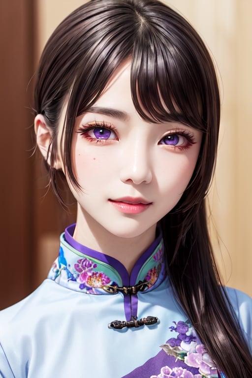 masterpiece, best quality, high definition, 
Kaori Houjou, solo, (purple eyes:1.1), (black hair:1.2), long hair, (Chinese costume, qipao:1.2), (elegant, feminine, sophisticated), (cute girl), gorgeous face, gorgeous eyes, detailed face, detailed hands, smile, photorealistic, (asian face:1.2), 