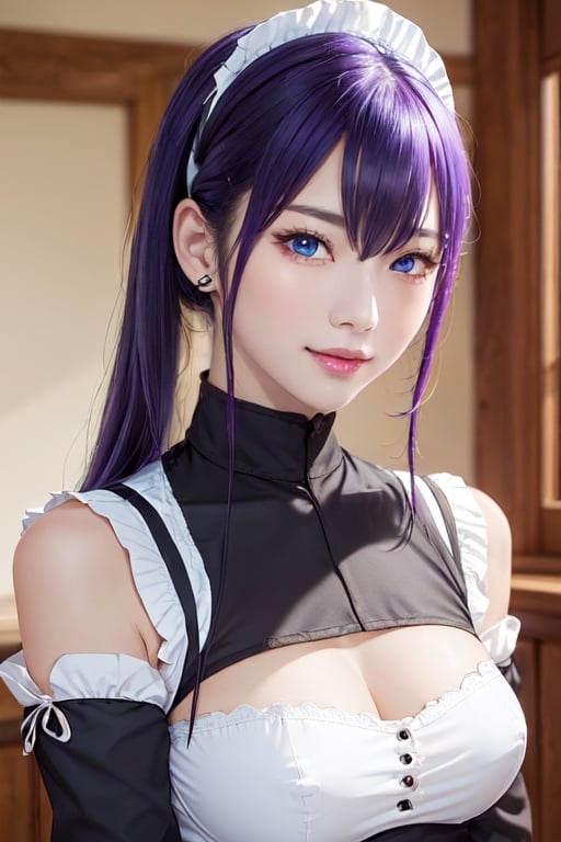 masterpiece, best quality, Busujima Saeko, high definition, solo, (blue eyes:1.3), (black-purple hair:1.1), (Simply Straight Pony Hair:1.2), (elegant, feminine, sophisticated), (beautiful girl), gorgeous face, gorgeous eyes, detailed face, detailed hands, smile, photorealistic, (asian face:1.2), 
Maid_costume, maid_dress, maid_headband