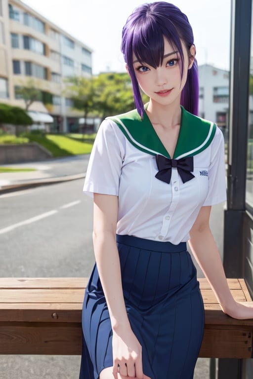 masterpiece, best quality, Busujima Saeko, high definition, solo, (blue eyes:1.3), (purple hair:1.1), (Simply Straight Pony Hair:1.2), (elegant, feminine, sophisticated), (beautiful girl), gorgeous face, gorgeous eyes, detailed face, detailed hands, smile, photorealistic, (asian face:1.2), (school uniform sailor suit, white-green shirt), ((green knee-length skirt))