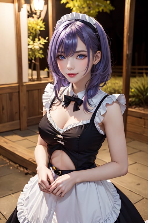 outdoors, night, forrest,1girl, Luna, medium breasts, looking at the viewer, blue eyes, purple hair, maid_costume, (masterpiece:1.2), Best quality, a high resolution, unity 8k wallpaper, (illustration:0.8), (Beautiful detailed eyes:1.6), very detailed face, athletic figure, pronounced abs, maid