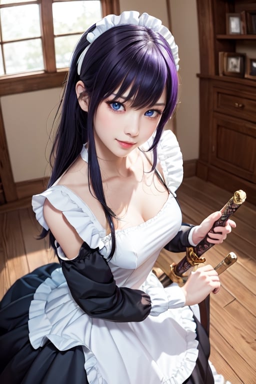 masterpiece, best quality, Busujima Saeko, high definition, solo, (blue eyes:1.3), (black-purple hair:1.1), (Simply Straight Pony Hair:1.2), (elegant, feminine, sophisticated), (beautiful girl), gorgeous face, gorgeous eyes, detailed face, detailed hands, smile, photorealistic, (asian face:1.2), 
Maid_costume, maid_dress, maid_headband, battoujutsu, Battoujutsu (ready to draw sword pose)