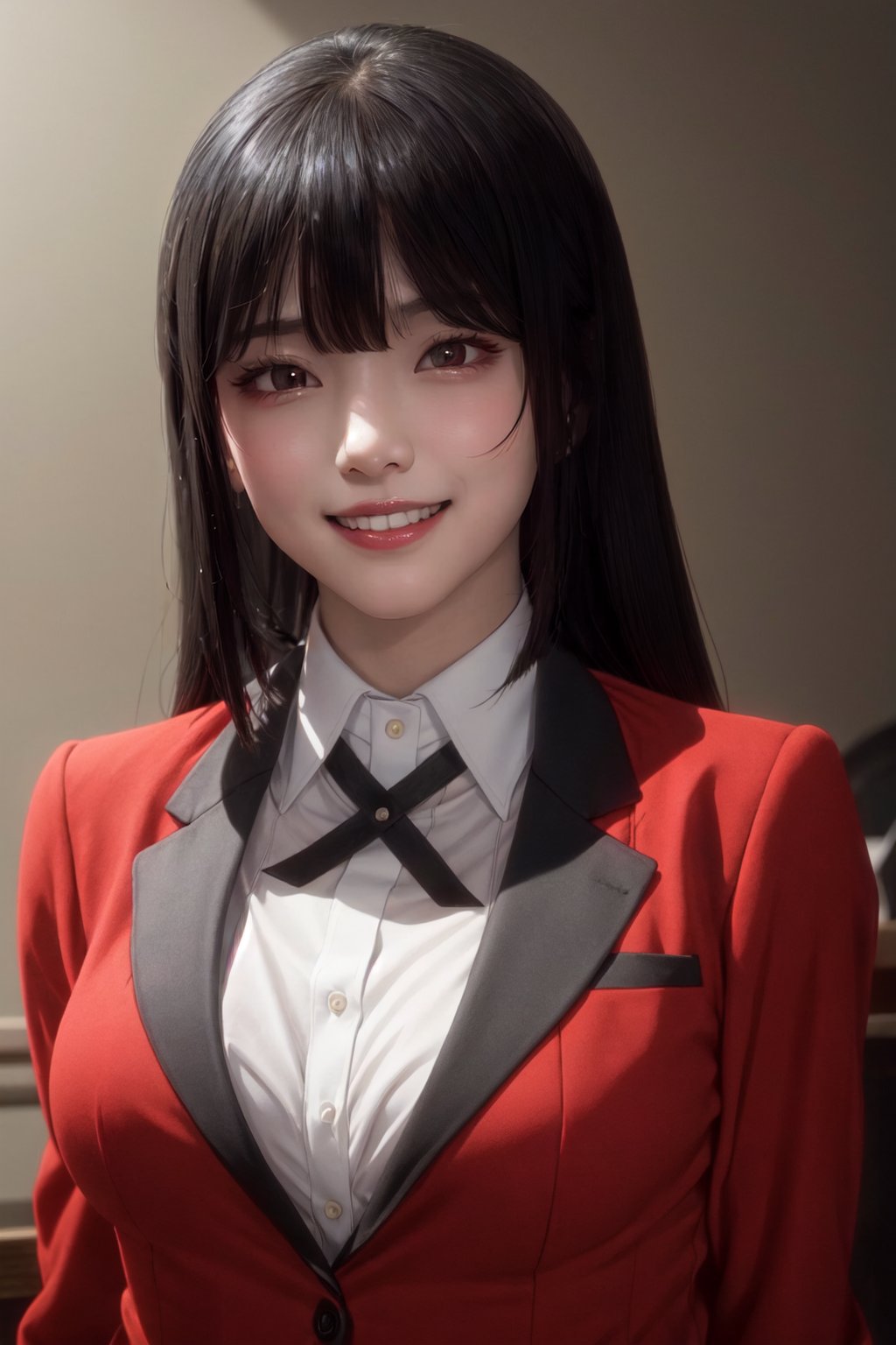 full body shot,  (masterpiece,  best quality),  (finely detailed beautiful eyes: 1.2),  (extremely detailed CG unity 8k wallpaper,  masterpiece,  ultra-detailed,  best shadow),  (detailed background),  (beautiful detailed face,  beautiful detailed eyes),  High contrast,  (best illumination,  an extremely delicate and beautiful),  dynamic angle,  beautiful detailed glow,  official art,  ultra detailed,  beautiful and aesthetic,  masterpiece,  best quality,  realistic,  nsfw, pikkyyumeko, 1girl, solo, looking at viewer, black hair, bangs, blunt bangs, long hair, very long hair, hime cut, red eyes, glowing eyes, breasts, large breasts, school uniform, shirt, red jacket, jacket, white shirt, collared shirt, lips, blazer, (smile:1.5)