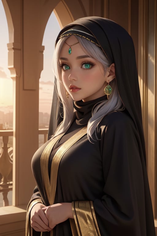  4K UHD, upscaled professional photo, stunningly beautiful woman, A (best quality,4k,8k,highres,masterpiece:1.2),ultra-detailed,highly detailed facial features,extremely detailed eyes and face, longeyelashes, beautiful detailed eyes,beautiful detailed lips,1girl,fantasy,cute,whimsical,soft lighting,pastel colors,warm color palette
 solo_female, ear_rings, tall_girl, tall_female, big_breasts, gold jewelry, ayse_khadim, long arabian clothes, black_robe, veil, green eyes, circlet, park, sunset, standing, nature , masterpiece, best quality, white hair