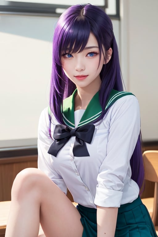 masterpiece, best quality, Busujima Saeko, high definition, solo, (blue eyes:1.3), (purple hair:1.1), (Simply Straight Pony Hair:1.2), (elegant, feminine, sophisticated), (beautiful girl), gorgeous face, gorgeous eyes, detailed face, detailed hands, smile, photorealistic, (asian face:1.2), (school uniform sailor suit, white-green shirt, green knee-length skirt)