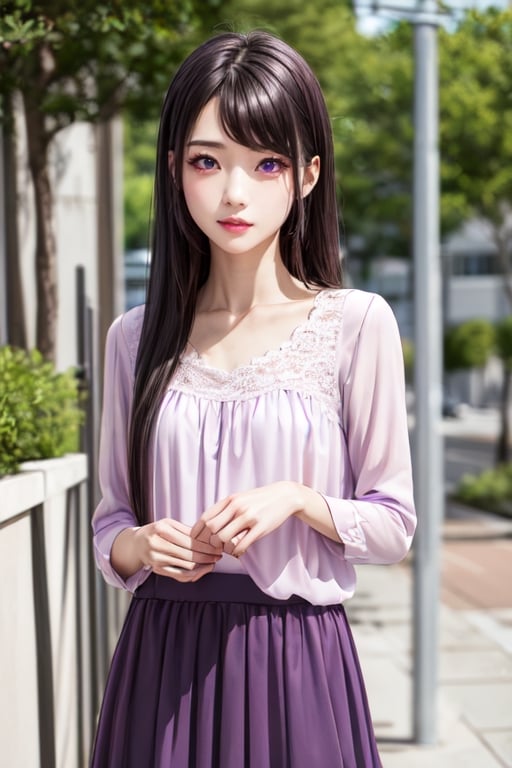 masterpiece, best quality, high definition, 
Kaori Houjou, solo, (purple eyes:1.1), (black hair:1.2), long hair, (pink fluffy blouse and knee-length skirt), (elegant, feminine, sophisticated), (cute girl), gorgeous face, gorgeous eyes, detailed face, detailed hands, angry face, photorealistic, (asian face:1.2).